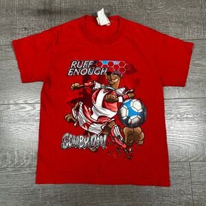 Vintage 2001 Scooby-Doo Ruff Enough Soccer Red Graphic T-Shirt Kids Freeze